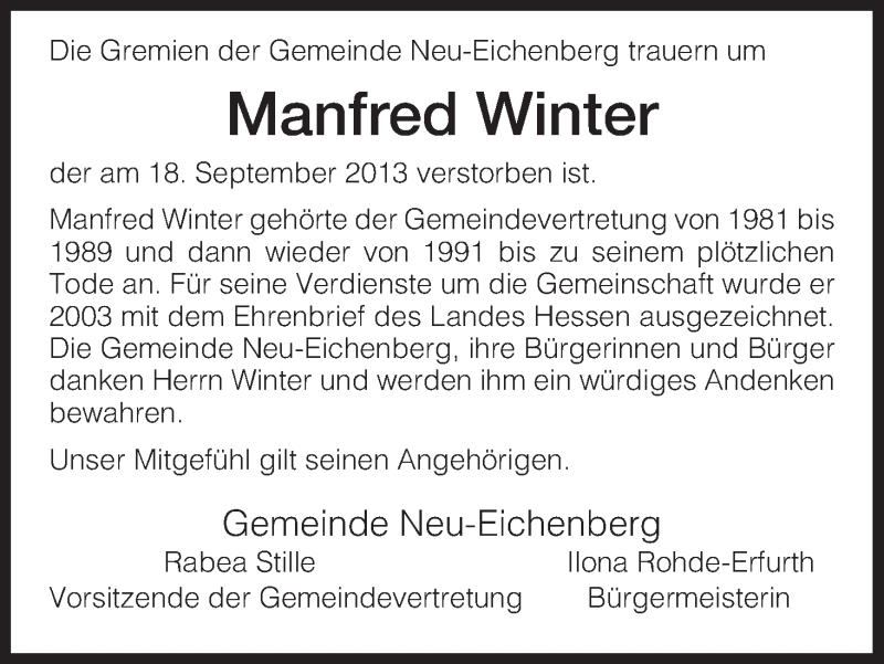  Traueranzeige für Manfred Winter vom 23.09.2013 aus HNA