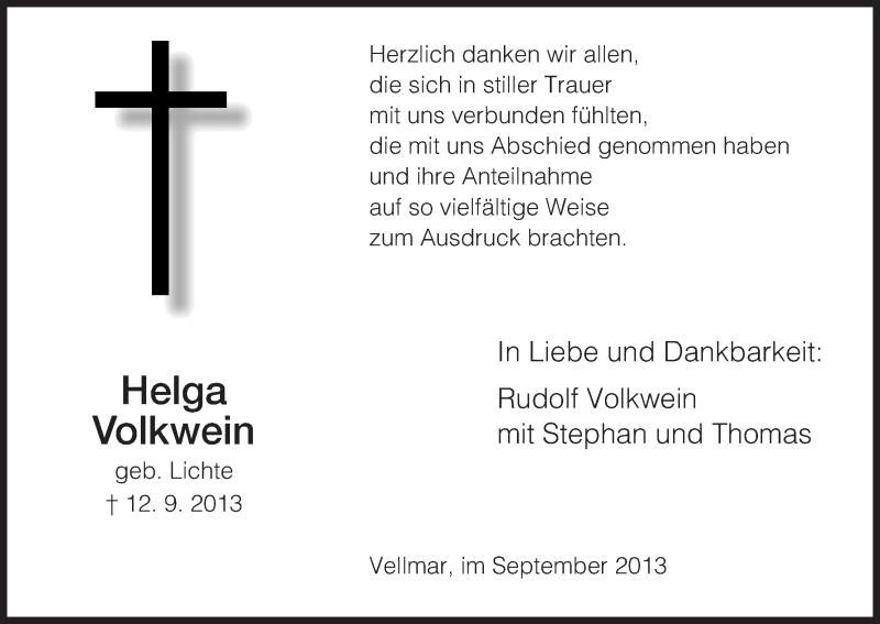  Traueranzeige für Helga Anna Volkwein vom 28.09.2013 aus HNA