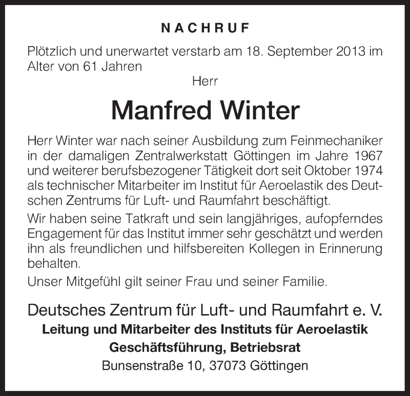  Traueranzeige für Manfred Winter vom 27.09.2013 aus HNA