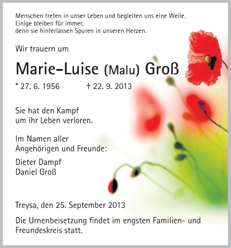  Traueranzeige für Marie-Luise Groß vom 26.09.2013 aus HNA