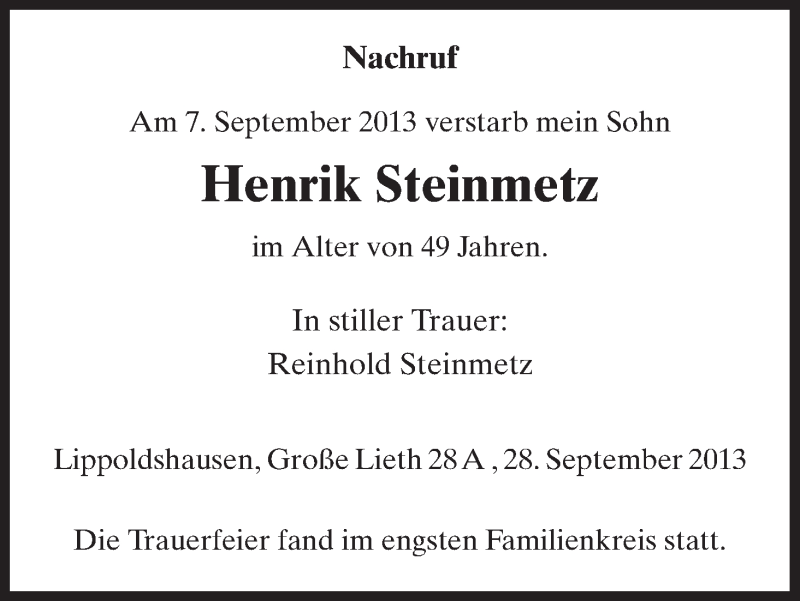  Traueranzeige für Henrik Steinmetz vom 28.09.2013 aus HNA