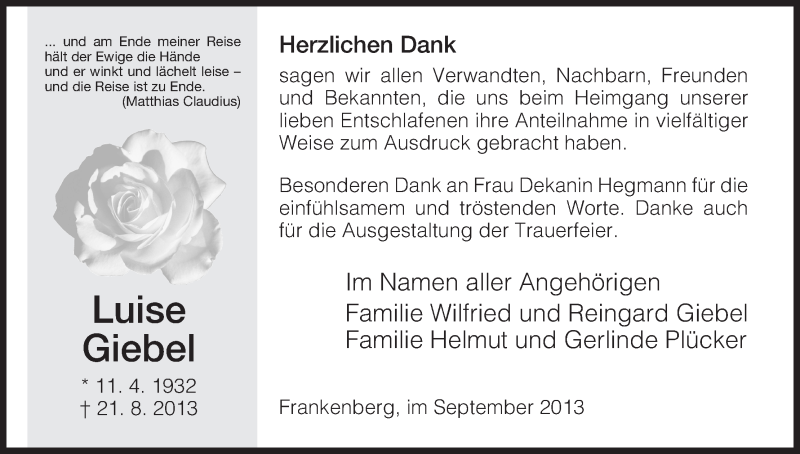  Traueranzeige für Luise Giebel vom 28.09.2013 aus HNA