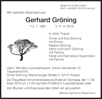 Traueranzeige von Gerhard Gröning von HNA