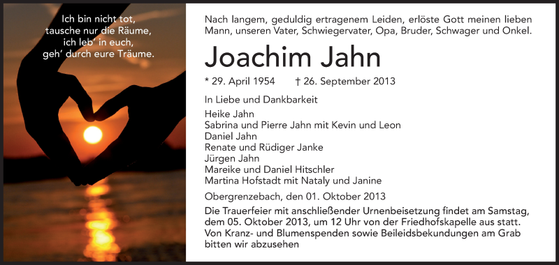 Traueranzeige für Joachim Jahn vom 01.10.2013 aus HNA