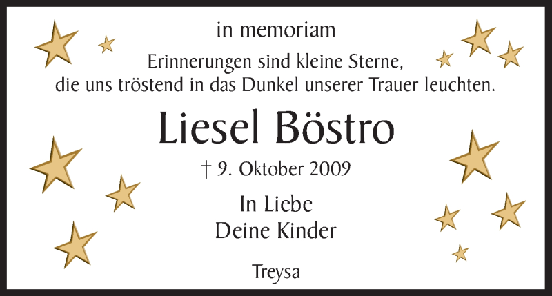  Traueranzeige für Liesel Böstro vom 09.10.2013 aus HNA