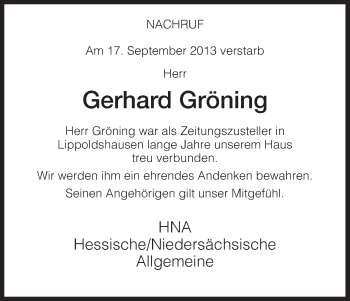 Traueranzeige von Gerhard Gröning von HNA