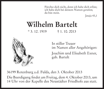 Traueranzeige von Wilhelm Bartelt von HNA