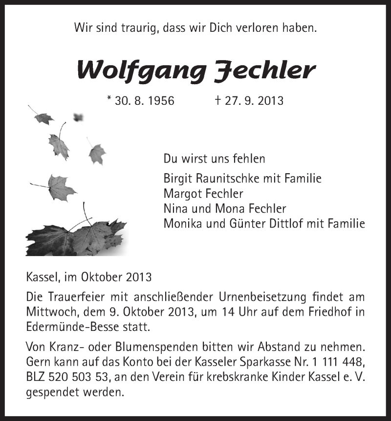  Traueranzeige für Wolfgang Fechler vom 05.10.2013 aus HNA