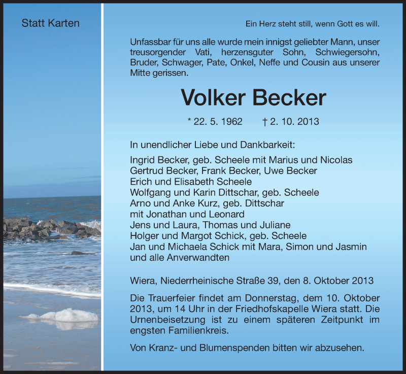  Traueranzeige für Volker Becker vom 08.10.2013 aus HNA