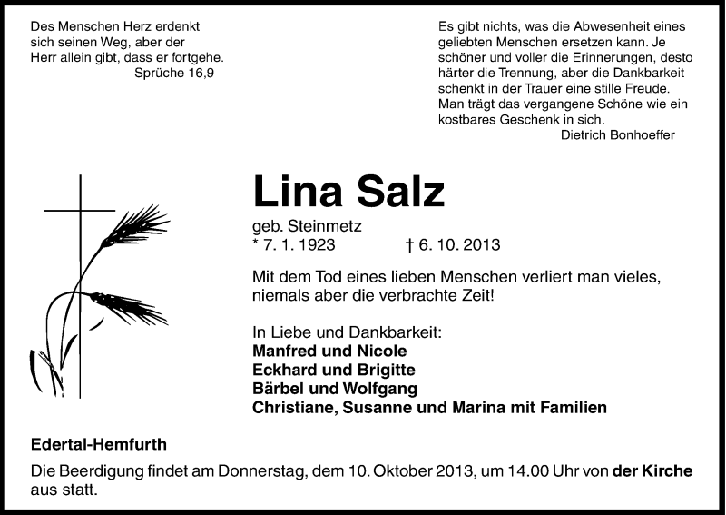  Traueranzeige für Lina Salz vom 08.10.2013 aus HNA