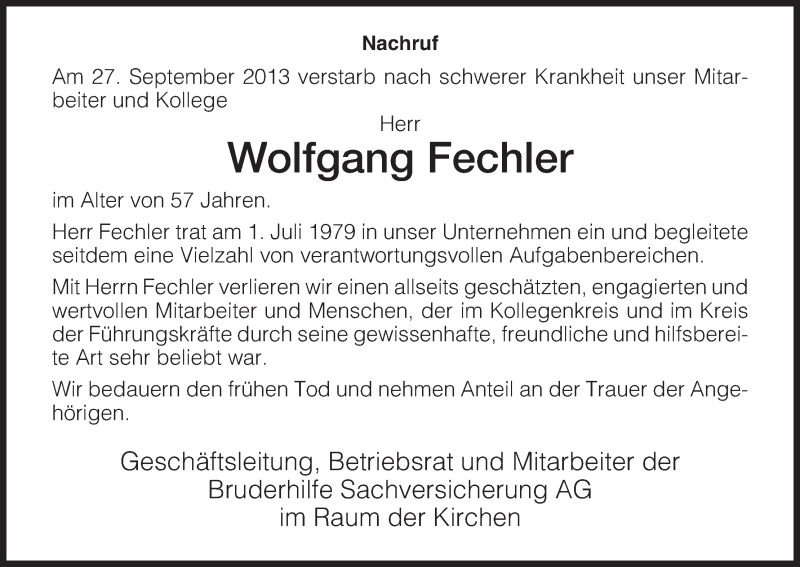  Traueranzeige für Wolfgang Fechler vom 09.10.2013 aus HNA