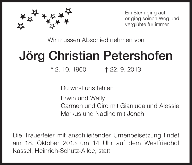  Traueranzeige für Jörg Christian Petershofen vom 12.10.2013 aus HNA