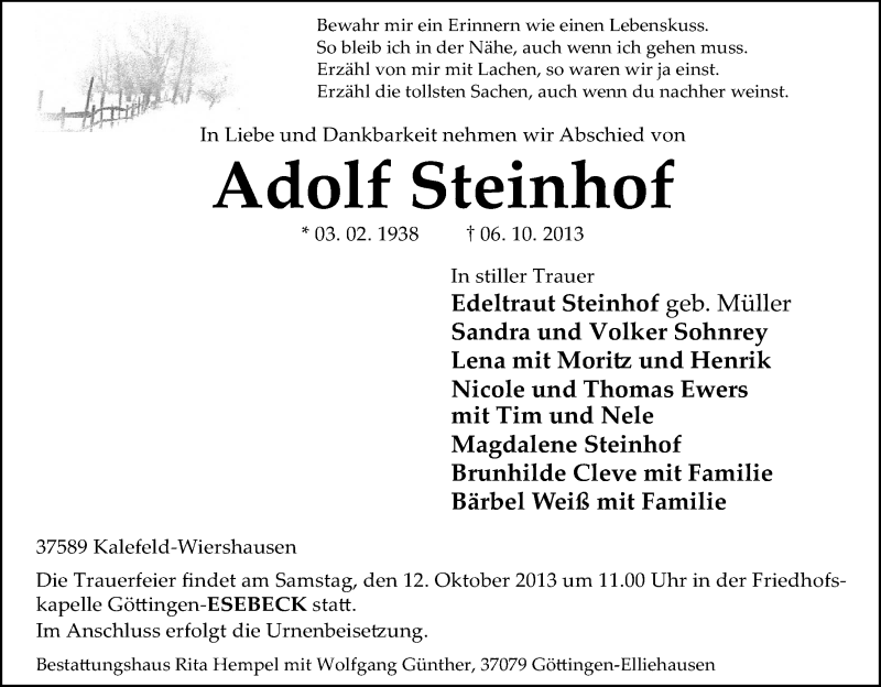  Traueranzeige für Adolf Steinhof vom 10.10.2013 aus HNA