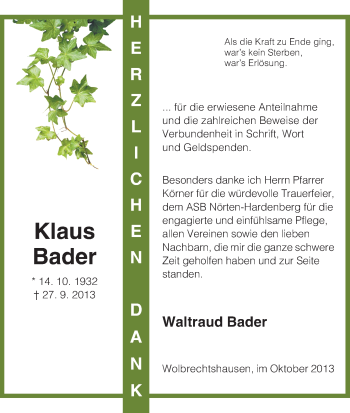 Traueranzeige von Klaus Bader von HNA