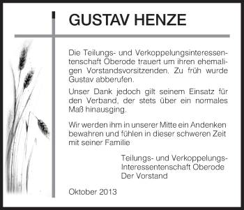 Traueranzeige von Gustav Henze von HNA