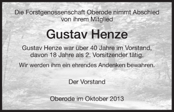 Traueranzeige von Gustav Henze von HNA