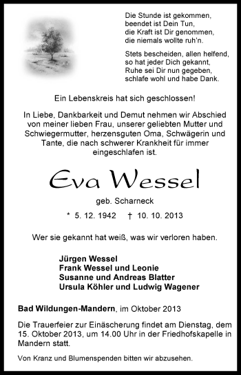 Traueranzeige von Eva Wessel von HNA