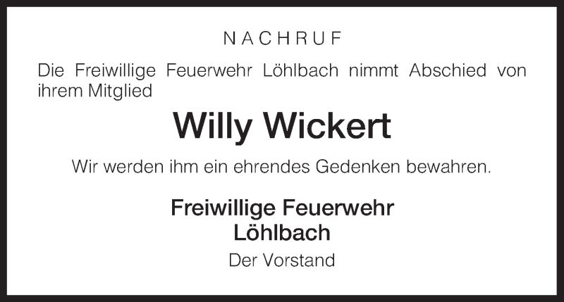  Traueranzeige für Willy Wickert vom 14.10.2013 aus HNA