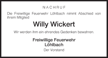 Traueranzeige von Willy Wickert von HNA
