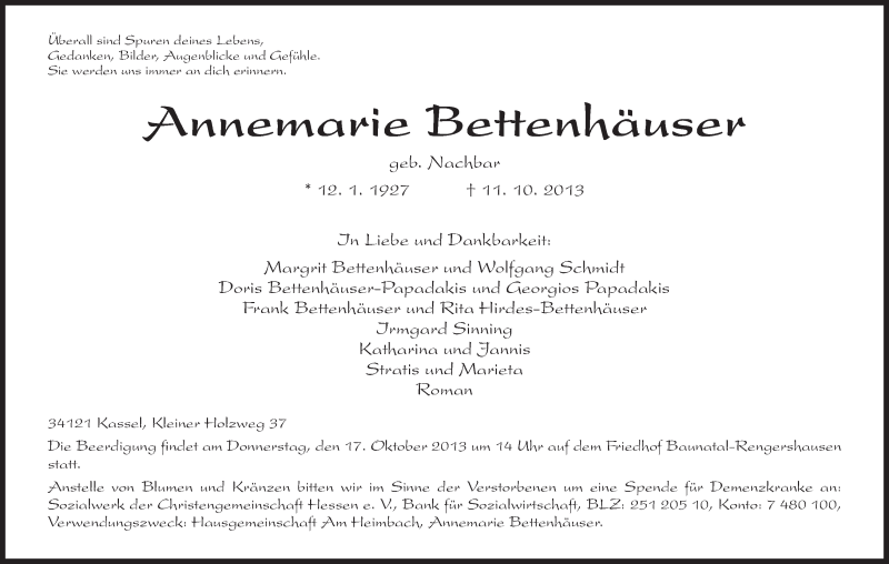  Traueranzeige für Annemarie Bettenhäuser vom 15.10.2013 aus HNA