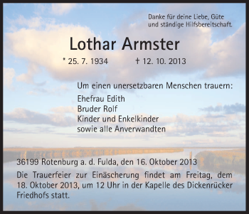 Traueranzeige von Lothar Armster von HNA