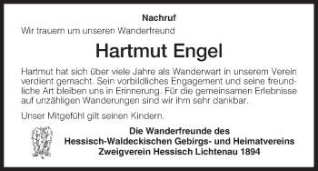 Traueranzeige von Hartmut Engel von HNA
