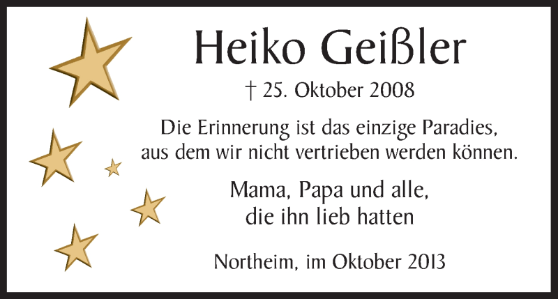  Traueranzeige für Heiko Geißler vom 25.10.2013 aus HNA