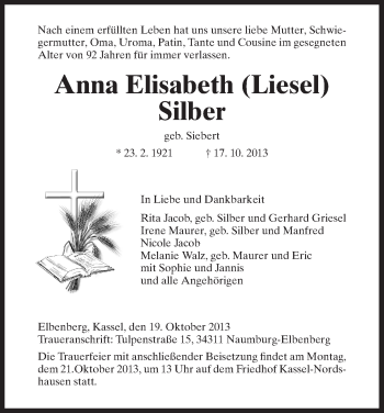Traueranzeige von Anna Elisabeth Silber von HNA