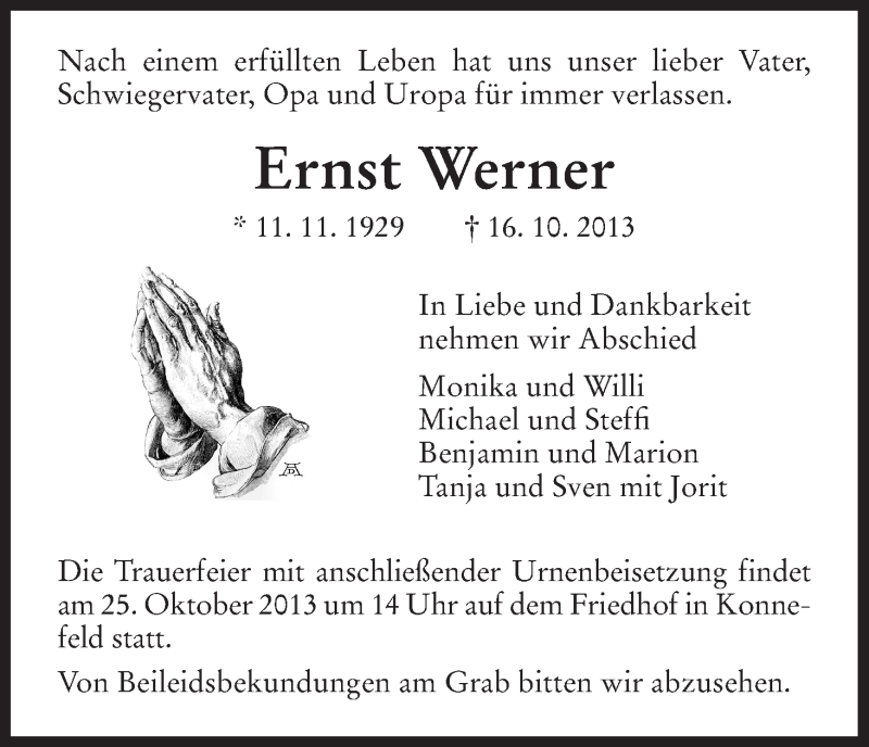  Traueranzeige für Ernst Werner vom 23.10.2013 aus HNA