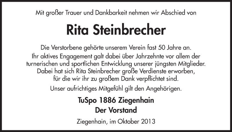  Traueranzeige für Rita Steinbrecher vom 24.10.2013 aus HNA