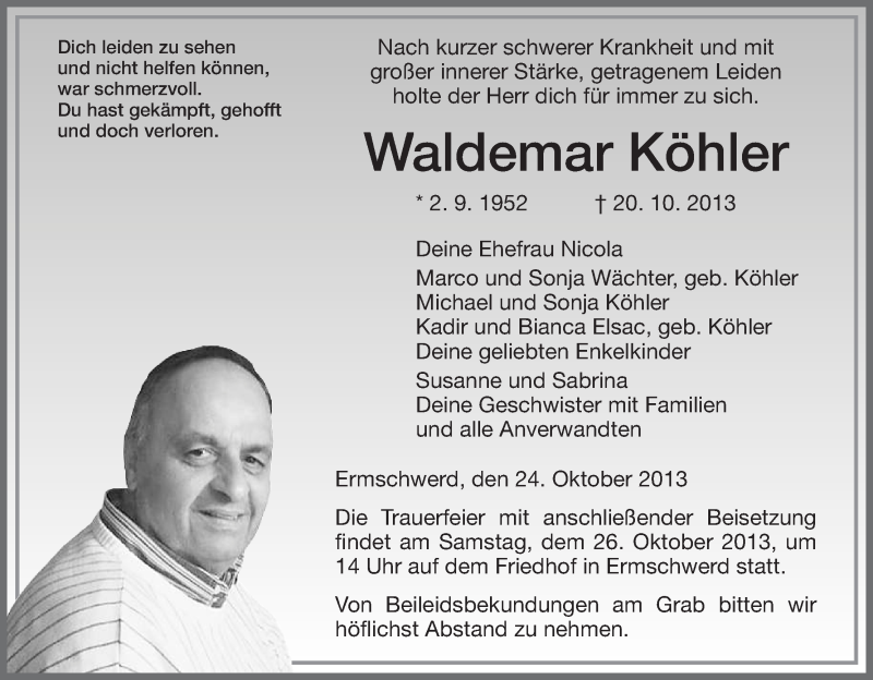  Traueranzeige für Waldemar Köhler vom 24.10.2013 aus HNA