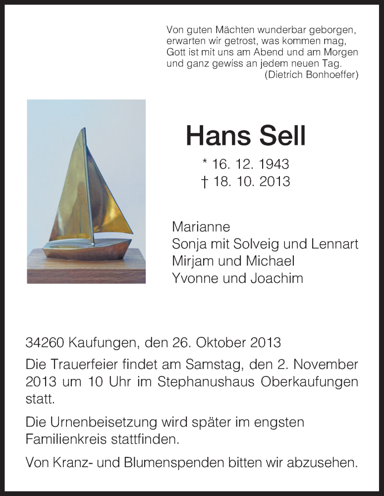  Traueranzeige für Hans Sell vom 26.10.2013 aus HNA