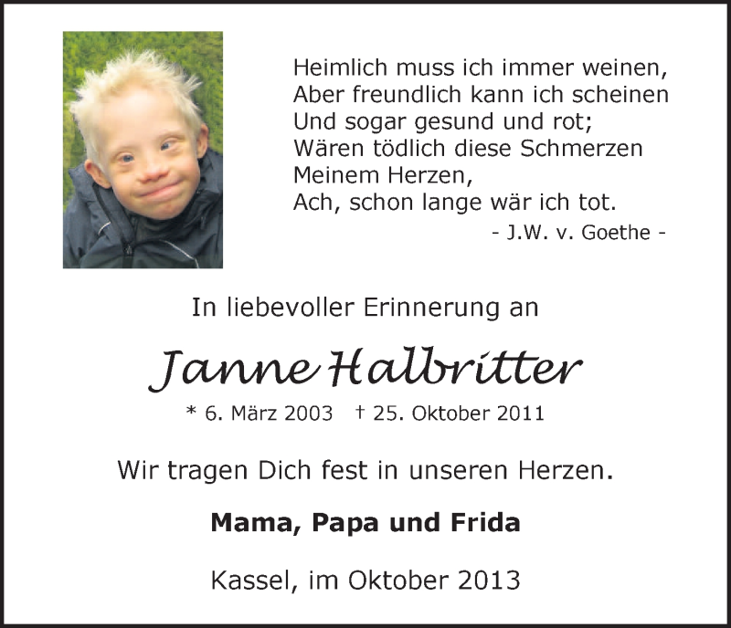  Traueranzeige für Janne Halbritter vom 25.10.2013 aus HNA