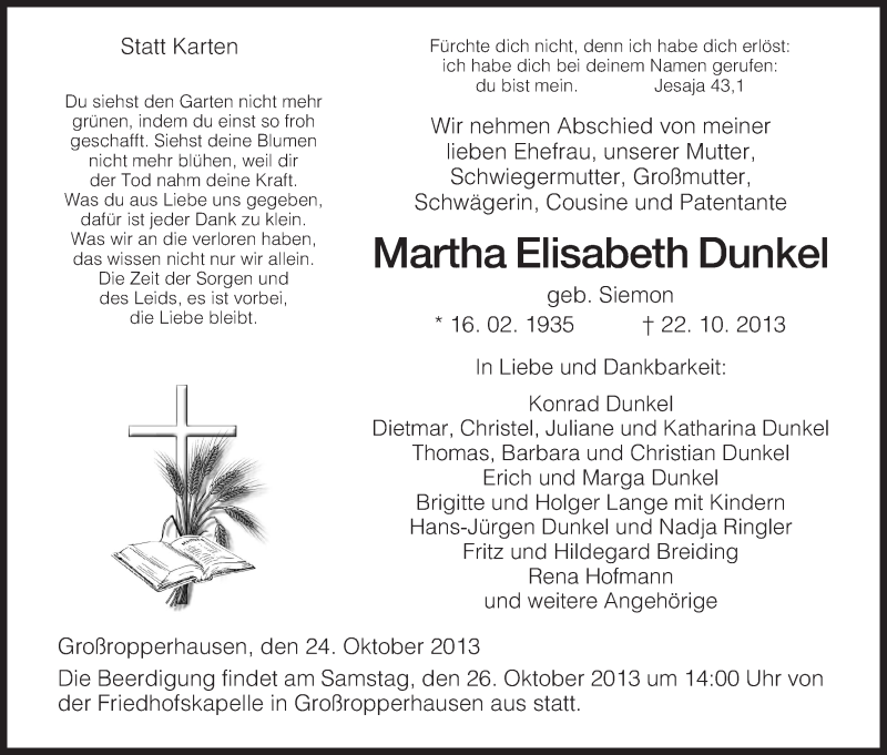  Traueranzeige für Martha Elisabeth Dunkel vom 24.10.2013 aus HNA