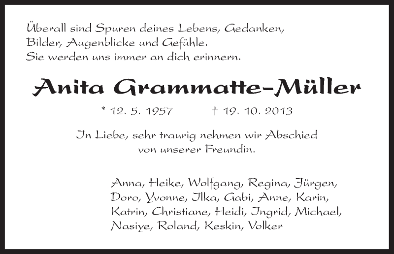  Traueranzeige für Anita Grammatte-Müller vom 26.10.2013 aus HNA