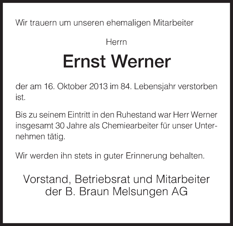  Traueranzeige für Ernst Werner vom 25.10.2013 aus HNA