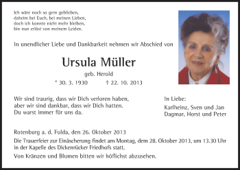 Traueranzeige von Ursula Müller von HNA