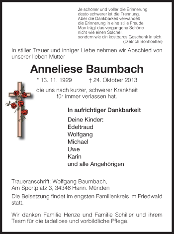 Traueranzeige von Anneliese Baumbach von HNA