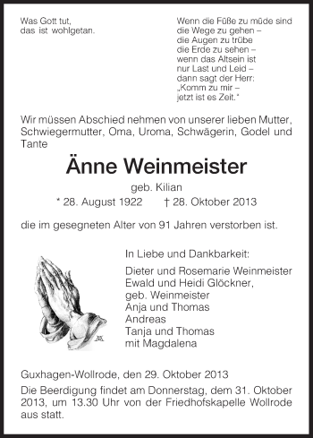 Traueranzeige von Änne Weinmeister von HNA