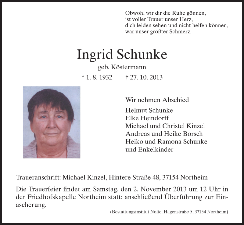  Traueranzeige für Ingrid Schunke vom 29.10.2013 aus HNA