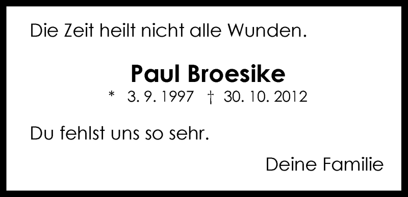  Traueranzeige für Paul Broesike vom 30.10.2013 aus HNA