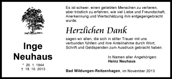 Traueranzeige von Ingeborg Neuhaus von HNA