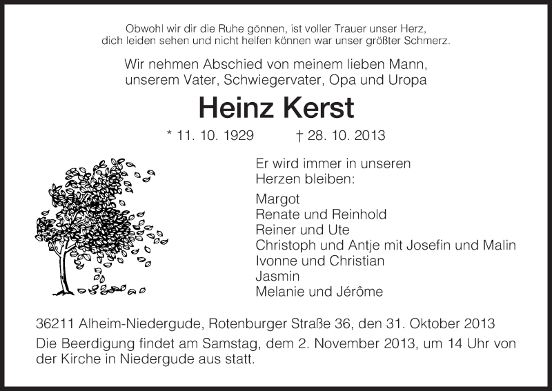  Traueranzeige für Heinz Kerst vom 31.10.2013 aus HNA
