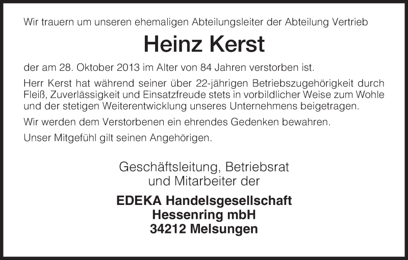  Traueranzeige für Heinz Kerst vom 31.10.2013 aus HNA