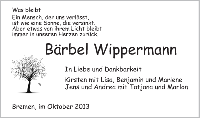  Traueranzeige für Bärbel Wippermann vom 02.11.2013 aus HNA