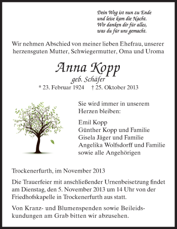 Traueranzeige von Anna Kopp von HNA