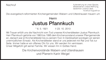 Traueranzeige von Justus Pfannkuch von HNA