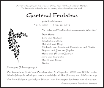 Traueranzeige von Gertrud Froböse von HNA