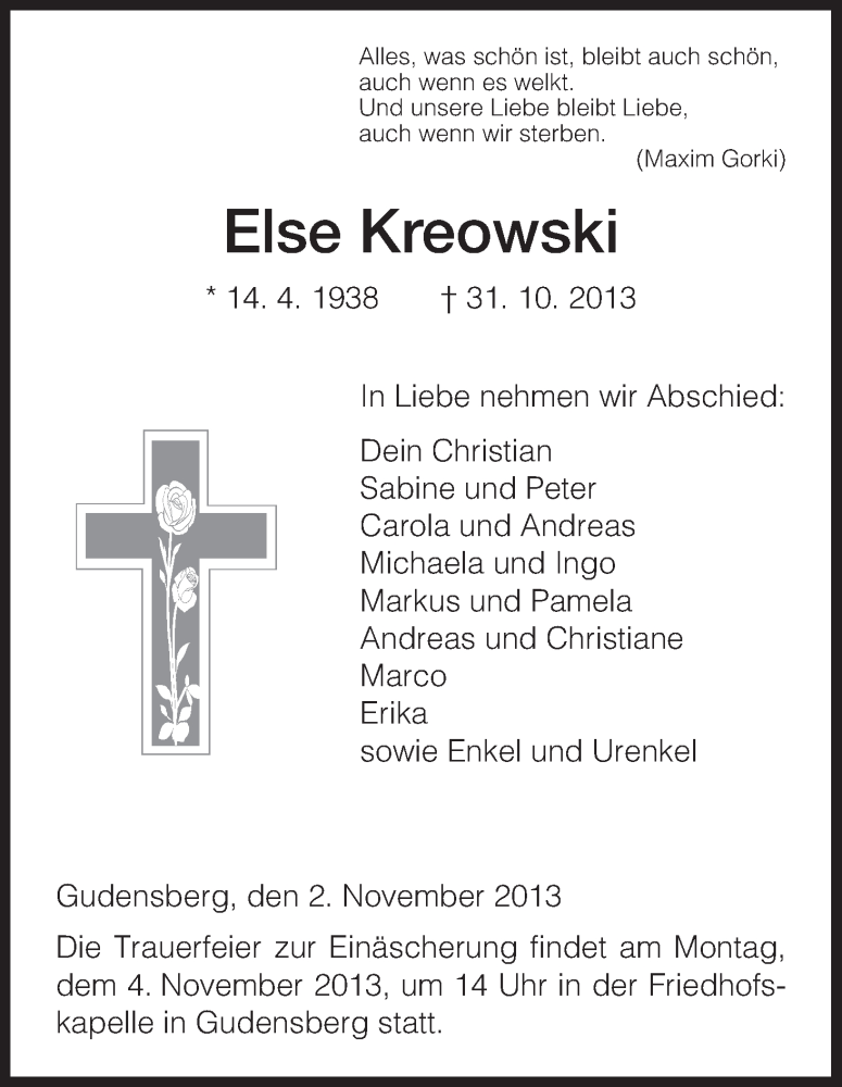  Traueranzeige für Else Kreowski vom 02.11.2013 aus HNA