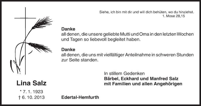  Traueranzeige für Lina Salz vom 09.11.2013 aus HNA